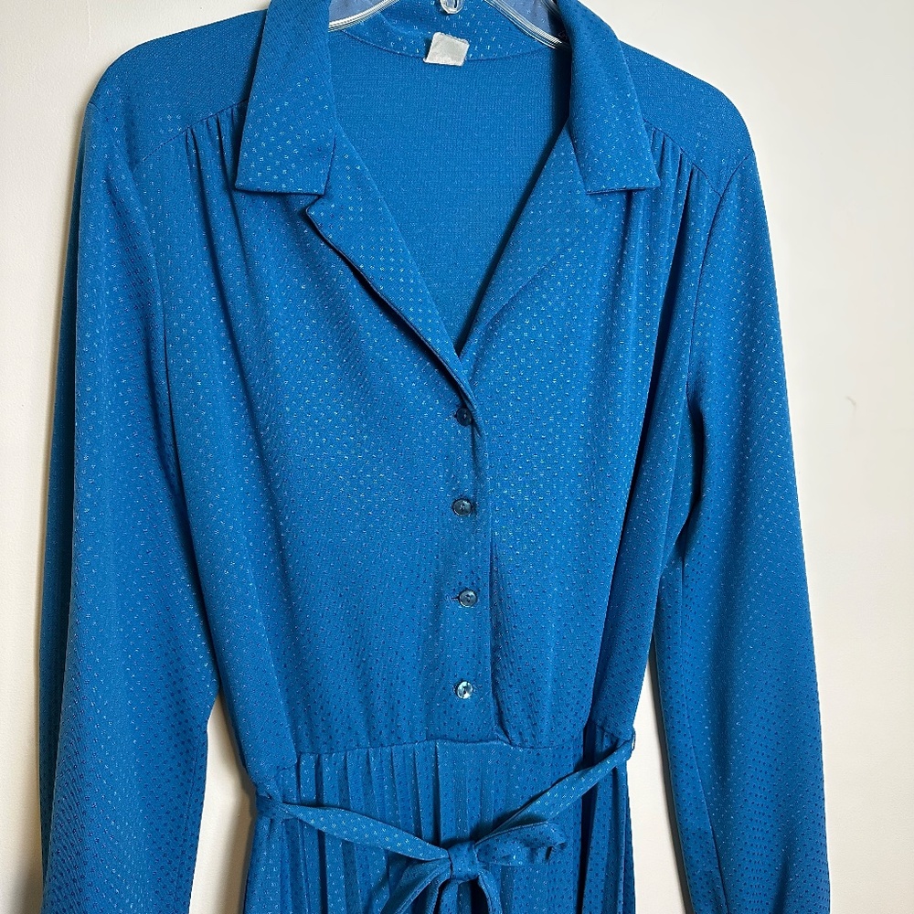 VINTAGE Waist Tie Knife Pleat Button Front Midi Dress, Blue | Sz L/XL - Picture 2 of 8